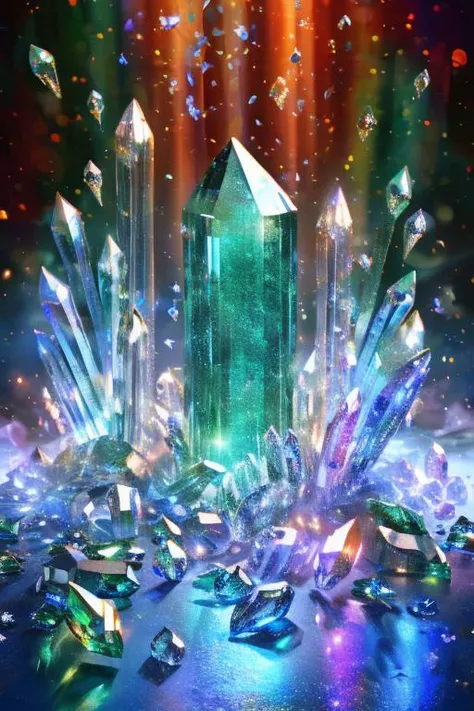 master piece, emerald, scattered crystal, very flash, crystal clear, emitting colorful light, split lighting, creative background design, front view, surreal scene, natural rendering, fantasy, high quality