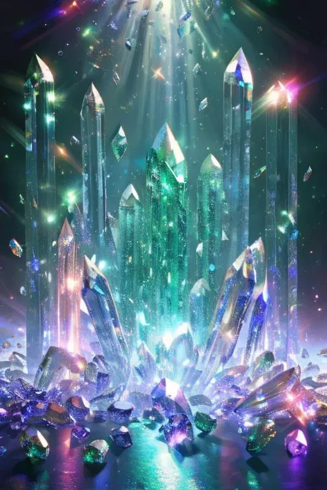 master piece, emerald, scattered crystal, very flash, crystal clear, emitting colorful light, split lighting, creative background design, front view, surreal scene, natural rendering, fantasy, high quality
