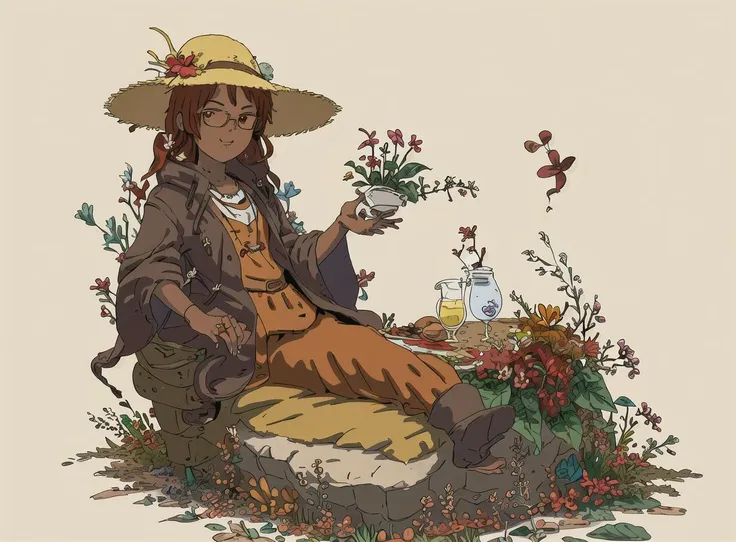 1girl, solo, starfish, seashell, shell, flower, hat, hair ornament, jewelry, straw hat, looking at viewer, sunglasses, hat flower, drinking straw, hairclip, earrings, red flower, tinted eyewear, yellow flower, bangs, english text, multicolored hair, orange flower, black hair, ring, cup, long hair, orange-tinted eyewear, food, brown hair, portrait, shell hair ornament ,fox girl, dark skin, full body shot, look at the leaves, short hair, brown hair, blunt bangs, red eyes, 8 old, garden background, anime painting, superflat, cute illustration,<lora:Flat_illustration:0.8>