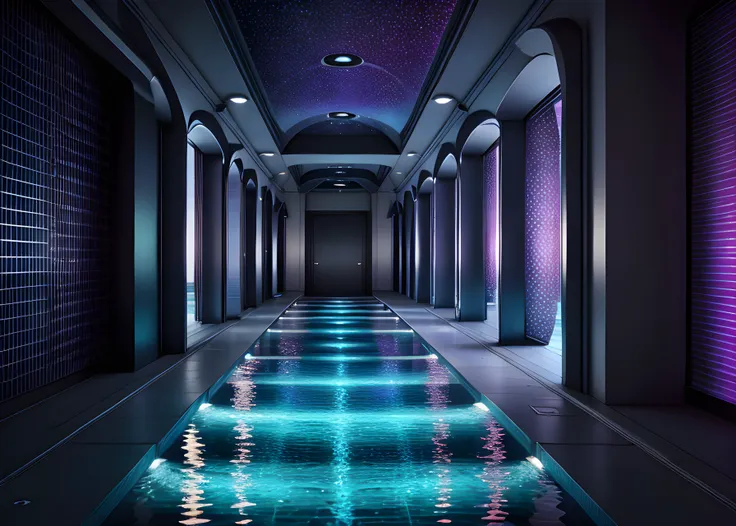 raytracing, (infinity corridor:1.3), (purple water:1.1), night, dark, only water visible, no waves, reflection, ultra detailed water, (backroom, liminal space, photorealistic), (8k), (gigapixel), (masterpiece),