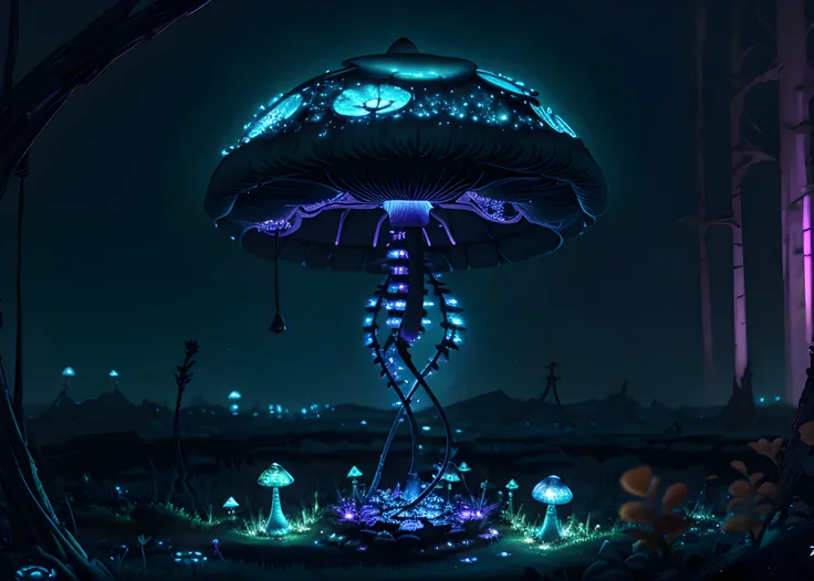 ShroomPunkAI, bioluminescence, skeleton, messy environment