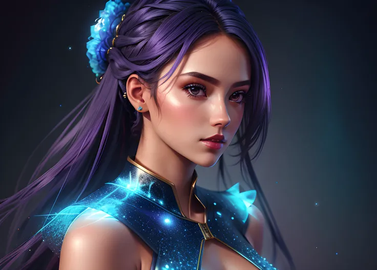<lora:holographicclothing:0.3>, beautiful woman with holographic braids, looking over shoulder, dark skin, masterpiece, highres, shallow depth of field, sharp focus