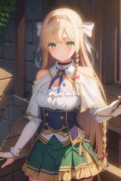 klaudiavalentz, <lora:klaudia valentz s1-lora-nochekaiser:1>,
klaudia valentz, long hair, blonde hair, bow, ribbon, (green eyes:1.3), braid, hairband, side braid, smile,
BREAK skirt, gloves, cleavage, choker, capelet, bridal gauntlets, white capelet,
BREAK outdoors,
BREAK looking at viewer, (cowboy shot:1.5),
BREAK <lyco:GoodHands-beta2:1>, (masterpiece:1.2), best quality, high resolution, unity 8k wallpaper, (illustration:0.8), (beautiful detailed eyes:1.6), extremely detailed face, perfect lighting, extremely detailed CG, (perfect hands, perfect anatomy),