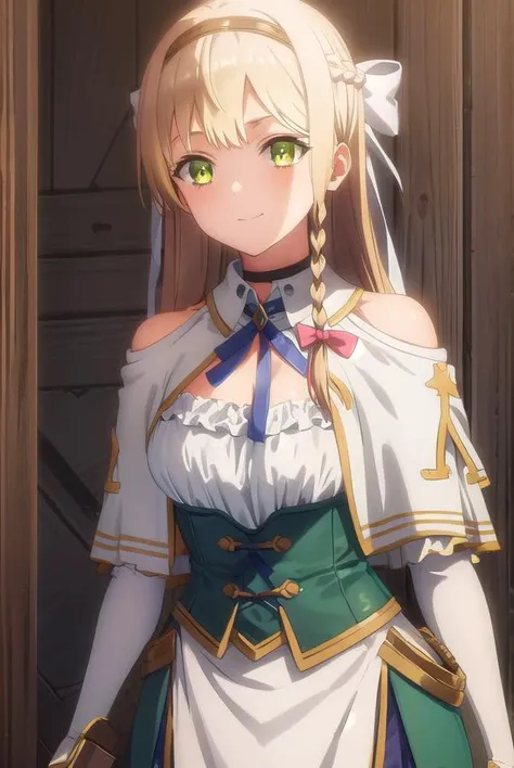 klaudiavalentz, <lora:klaudia valentz s1-lora-nochekaiser:1>,
klaudia valentz, long hair, blonde hair, bow, ribbon, (green eyes:1.3), braid, hairband, side braid, smile,
BREAK skirt, gloves, cleavage, choker, capelet, bridal gauntlets, white capelet,
BREAK outdoors,
BREAK looking at viewer, (cowboy shot:1.5),
BREAK <lyco:GoodHands-beta2:1>, (masterpiece:1.2), best quality, high resolution, unity 8k wallpaper, (illustration:0.8), (beautiful detailed eyes:1.6), extremely detailed face, perfect lighting, extremely detailed CG, (perfect hands, perfect anatomy),