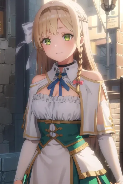 klaudiavalentz, <lora:klaudia valentz s1-lora-nochekaiser:1>,
klaudia valentz, long hair, blonde hair, bow, ribbon, (green eyes:1.3), braid, hairband, side braid, smile,
BREAK skirt, gloves, cleavage, choker, capelet, bridal gauntlets, white capelet,
BREAK outdoors,
BREAK looking at viewer, (cowboy shot:1.5),
BREAK <lyco:GoodHands-beta2:1>, (masterpiece:1.2), best quality, high resolution, unity 8k wallpaper, (illustration:0.8), (beautiful detailed eyes:1.6), extremely detailed face, perfect lighting, extremely detailed CG, (perfect hands, perfect anatomy),