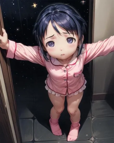 (scared to sleep alone:1.3),(front above view of maeharashinobu looking up standing with arms behind her back in an open house doorway at night:1.8),
(dark night sky with stars in background:2.0),
(arms stretched out:1.4),
(aeharashinobu, small breasts:1.6),
(masterpiece,best quality,ultra_detailed,highres,absurdres, dimly lit:1.2),
dimly lit, 1girl, solo,(noumi kudryavka:1.25),(view from above, pov from above:1.7),full body, (cute,lovely,beautiful,adorable,pitiful:1.5),
(wearing pajamas:1.6),
(wearing cute pink_dress pajamas,wearing skirt with frills),
(wearing cute pink socks:1.5),
(looking hopefully up at viewer, eye contact:1.5),
(sleepy,tired:1.7),
standing in doorway,
<lora:ScaredToSleepAlone:0.5> , <lora:Maehara_Shinobu:1>, <lora:add_detail:1>,