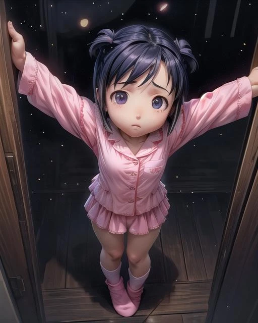 (scared to sleep alone:1.3),(front above view of maeharashinobu looking up standing with arms behind her back in an open house doorway at night:1.8),
(dark night sky with stars in background:2.0),
(arms stretched out:1.4),
(aeharashinobu, small breasts:1.6),
(masterpiece,best quality,ultra_detailed,highres,absurdres, dimly lit:1.2),
dimly lit, 1girl, solo,(noumi kudryavka:1.25),(view from above, pov from above:1.7),full body, (cute,lovely,beautiful,adorable,pitiful:1.5),
(wearing pajamas:1.6),
(wearing cute pink_dress pajamas,wearing skirt with frills),
(wearing cute pink socks:1.5),
(looking hopefully up at viewer, eye contact:1.5),
(sleepy,tired:1.7),
standing in doorway,
<lora:ScaredToSleepAlone:0.5> , <lora:Maehara_Shinobu:1>, <lora:add_detail:1>,