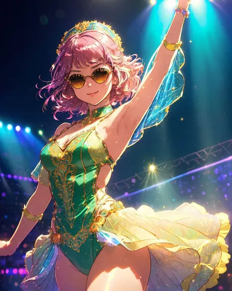 (masterpiece, best quality:1.2), 1girl, solo, happy, (intricate and cute (flowing) dancer outfit:1.3), cutesy, flipped hair, beautiful lighting, perfect detail, clear eyes, (dancing on stage), (cinematic pov), crowd background, [[visible panties]], [[visible leotard]], [cleavage], intricate fabrics, shades, summer soldier, (inside thunder dome:1.1), (round full butt and thighs), recon, colorful, (by killian eng, by Joaqun Sorolla, by Yoshikazu Yasuhiko:1.2), stage lights, light rays, neon glowsticks, laser show, glitter, shine, sparkle, [disco], (by Alphonse Mucha:0.9), by Ilya Kuvshinov, by Kentaro Miura, (by Yoji Shinkawa:0.9), (retro:1.2), (by ShMji Kawamori)