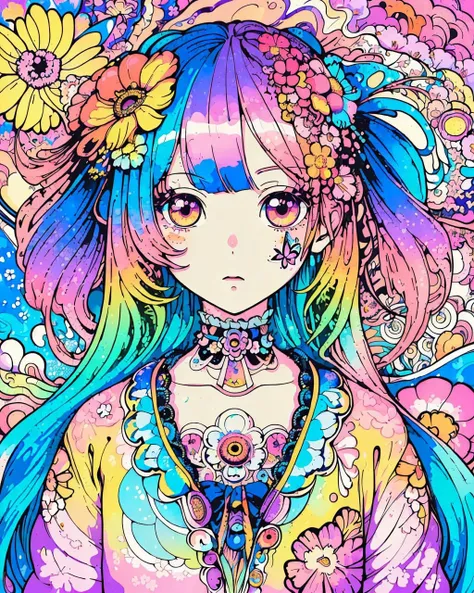 masterpiece, ultra-high quality,( ultra detailed original illustration),( 1girl, upper body),(( harajuku fashion)),(( flowers with human eyes, flower eyes)), double exposure, fussion of fluid abstract art, glitch,( 2d),( original illustration composition),( fusion of limited color, maximalism artstyle, geometric artstyle, butterflies, junk art)