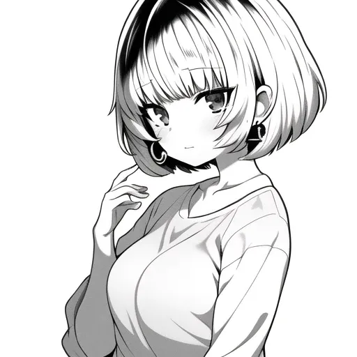 monchrome, lineart, Sumiyao Style, masterpiece, best quality, 1girl, closed mouth, earrings, hoop earrings, jewelry, looking at viewer, shirt, short hair, simple background, solo, upper body <lora:Sumiyao_StyleG:0.9>