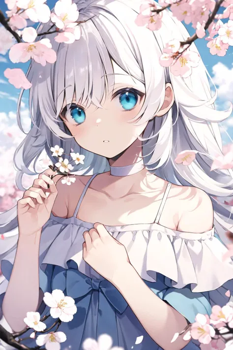 <lora:Shirop:1>,trnyteal, 1girl, solo, dress, flower, blurry, choker, petals, bangs, holding, outdoors, branch, collarbone, day, sky, long hair, blue eyes, white dress, off-shoulder dress, looking up, white choker, blurry foreground, white hair, pink flower, parted lips, bare shoulders, off shoulder, cherry blossoms, depth of field, hands up, holding flower, blurry background