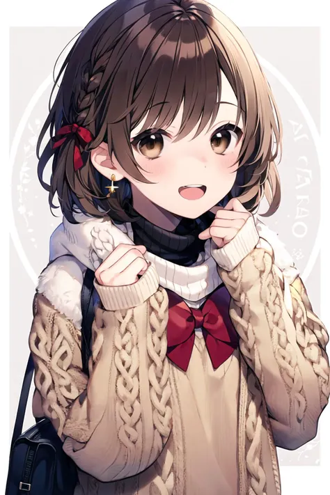 <lora:Shirop:1>,1girl, solo, smile, sweater, braid, jewelry, earrings, bangs, plaid, :d, blush, bag, bow, turtleneck, shawl, teeth, ribbon, shiny, brown hair, sleeves past wrists, open mouth, brown eyes, looking at viewer, long sleeves, short hair, upper body, hair bow, aran sweater, white sweater, cable knit, hand up, red bow, turtleneck sweater, character name, shiny hair, upper teeth, hair ribbon
