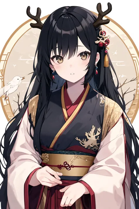 <lora:Shirop:1>,1girl, bird, solo, jewelry, earrings, hanfu, antlers, sash, animal, long hair, black hair, chinese clothes, long sleeves, looking at viewer, wide sleeves, very long hair, upper body, hair ornament, parted lips