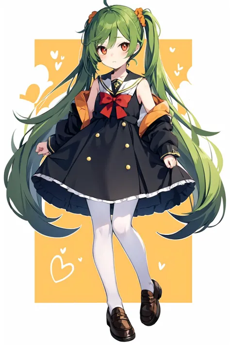 <lora:Shirop:1>,1girl, solo, dress, wrist scrunchie, long hair, brown footwear, shoes, black dress, loafers, pantyhose, looking at viewer, sleeveless dress, heart, green hair, white pantyhose, sleeveless, sailor collar, scrunchie, bangs, symbol-shaped pupils, holding, very long hair, white background, bow, red eyes, frills, frilled dress, orange bow, parted bangs, full body, simple background, jacket, ribbon, closed mouth, yellow background