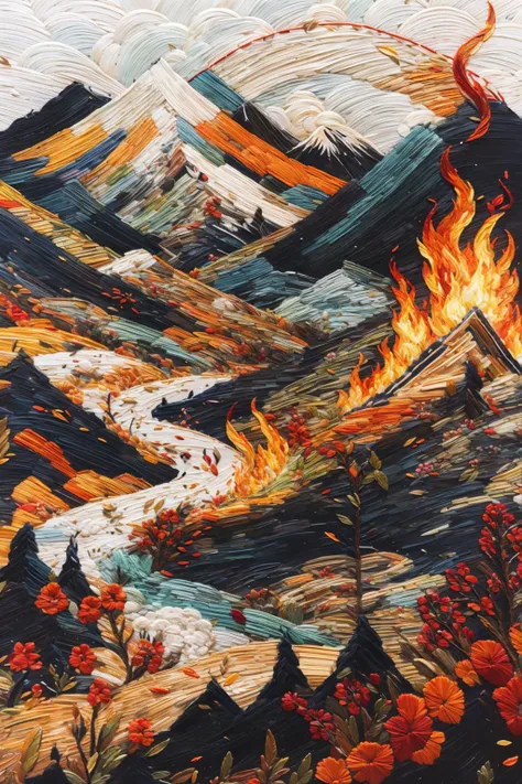 Embroidery,<lora:kEmbroideryRev:1>,Wind,Lin,Fire,Mountain,Masterpiece,