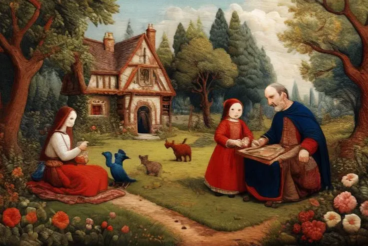 <lora:kEmbroideryDSnD:1>Embroidery
(mother, father, child:1.2),medieval,fantasy art, in the garden, picnic, happy, bird, cat,