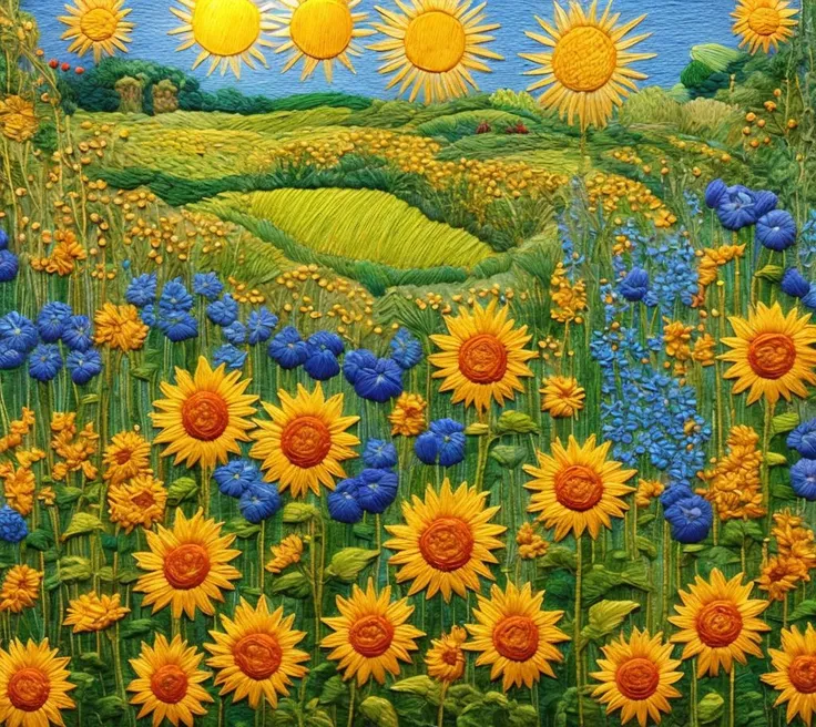 (best quality:1.4), (masterpiece:1.4), (detailed:1.3), 8K, an enchanting array of sunflowers, each unique in its own right, contrasting shapes, varying sizes, from infant buds to fully blossomed adults, radiant yellows and golds, interspersed with a dynamic play of light and shadow, warm summer light, (sun-dappled:1.3), intricate textures of petals and seeds, set against a backdrop of azure skies and verdant fields. <lora:kEmbroideryRev:1> Embroidery