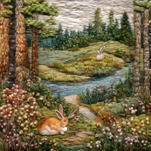 <lora:kEmbroideryRev:1>, Embroidery, landscape of a forest, cottagecore, flowers, rabbit