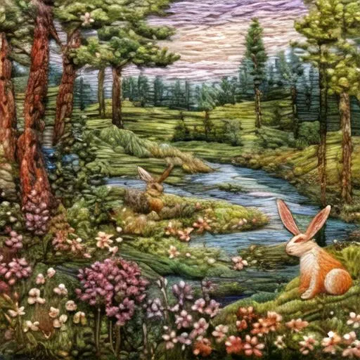 <lora:kEmbroideryRev:1>, Embroidery, landscape of a forest, cottagecore, flowers, rabbit