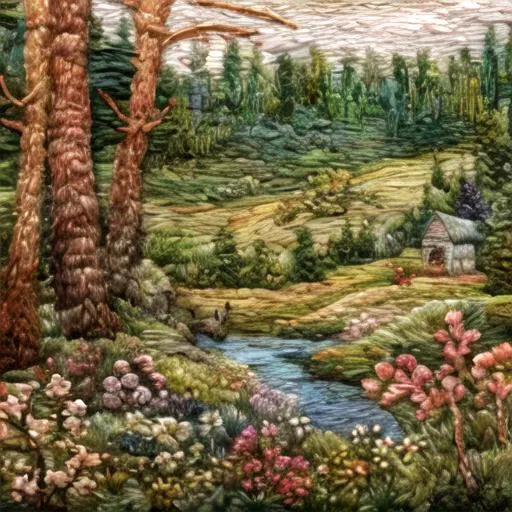 <lora:kEmbroideryRev:1>, Embroidery, landscape of a forest, cottagecore, flowers, rabbit