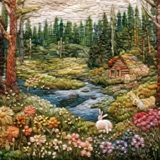 <lora:kEmbroideryRev:1>, Embroidery, landscape of a forest, cottagecore, flowers, rabbit