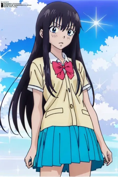 (( <lora:sawako_kuronuma trigger:1>sawako_kuronuma, hime cut, black hair, long skirt, petite, slender, high school uniform, long hair, straight hair, blue skirt ((kimi ni todoke) anime parody, 1girl, solo, official art) ))