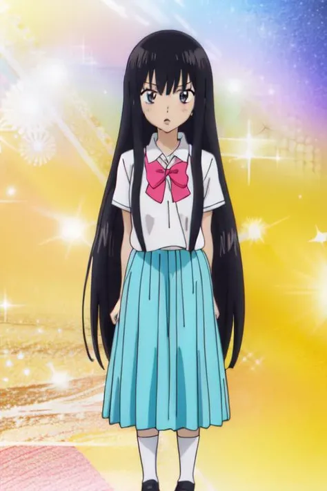 <lora:sawako_kuronuma trigger:1>sawako_kuronuma, hime cut, 1girl, solo, full body, black hair, long skirt, slim, high school uniform, long hair, straight hair, blue skirt ((kimi ni todoke) anime parody, 1girl, solo, official art)