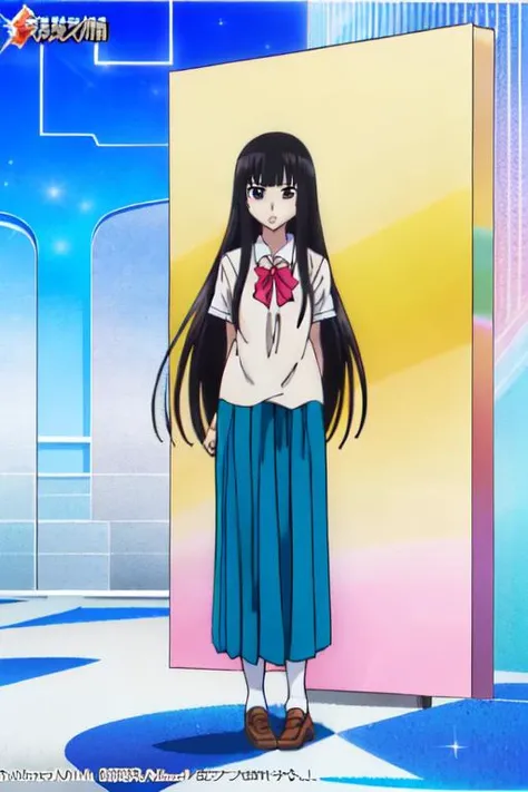 (( <lora:sawako_kuronuma trigger:1>sawako_kuronuma, hime cut, 1girl, solo, full body, black hair, long skirt, slim, high school uniform, long hair, straight hair, blue skirt ((kimi ni todoke) anime parody, 1girl, solo, official art) ))