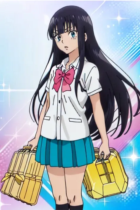 (( <lora:sawako_kuronuma trigger:1>sawako_kuronuma, hime cut, black hair, long skirt, slim, high school uniform, long hair, straight hair, blue skirt ((kimi ni todoke) anime parody, 1girl, solo, official art) ))
