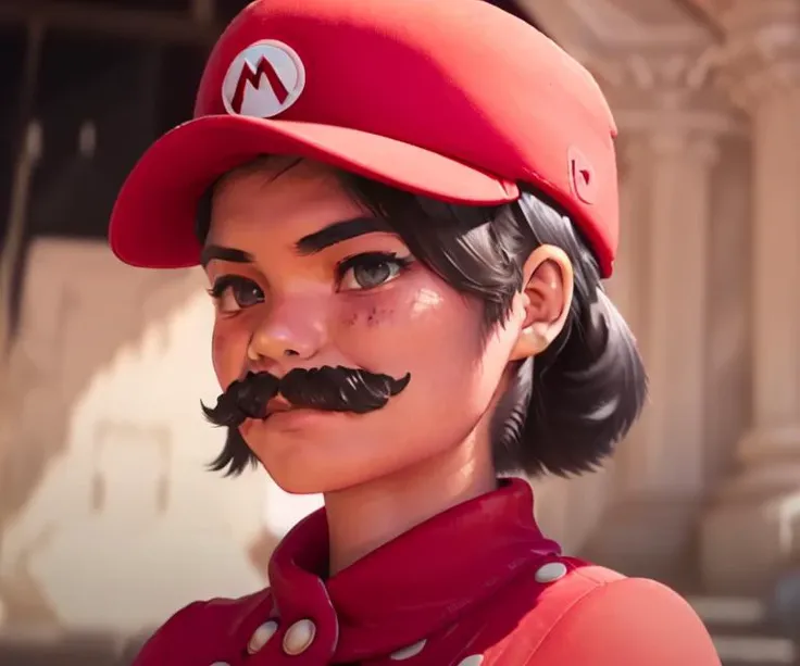 (EmmaRadacanu_4T:1.25), Mario, Red Cap, (big moustache:1.2), (extremely detailed CG octane render 8k wallpaper), From Behind body photo of a ( young girl:1.35), the most beautiful artwork in the world, full dynamic color, focused shot, hair bun raspberry hair, High Detail, Sharp focus, beautiful and detailed lighting, by Jeremy Lipking and greg rutkowski,