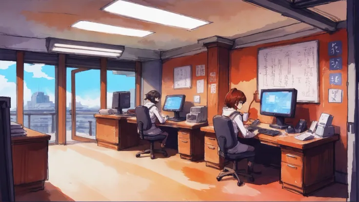 rough idyllic anime watercolor sketch, Emergency Communications Center \(room\) in a cozy scifi village at the beginning of the multiverse<lora:EnvyStarlightAnimeWatercolor01:1><lora:EnvyStarlightAnime03:1><lora:EnvyStarlightIdyllicAnime01:1>