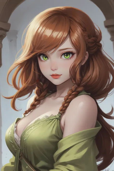 anime digital painting, seductive smile, 1girl, woman, (ancient Slutcore:1.3) cute angel, [:intricate, creative costume design,:0.2], bombshell hair, auburn hair, Braided Updo, limegreen clothes, hourglass figure, caucasian, Forgotten Catacombs<lora:EnvyStarlightAnime03:1>