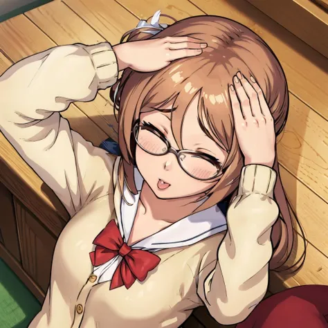 masterpiece, best quality, ukiyamazoe, sailor collar, long sleeves, cardigan, red bow <lora:UkiYamazoe:0.9> ahetobleh, from above, hands on own head, closed eyes <lyco:ahetobleh-nvwls-v1-final:0.6>