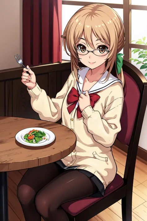 masterpiece, best quality, ukiyamazoe, sailor collar, long sleeves, cardigan, red bow, pantyhose, pleated skirt, black pantyhose, white ribbon, looking at viewer, sitting, smile, eating salad, fork, table, chair <lora:UkiYamazoe:0.9>