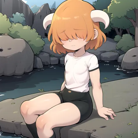 solo, 1girl, Jamie Russo, white shirt, short sleeves, horns, orange hair, black shorts,  hair over eyes, short hair,    <lora:Jamie_Russo_Leaf2:0.8>, sitting, sitting on rock