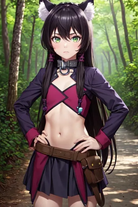 (masterpiece:1.2), (best quality), (ultra detailed), (8k, 4k, intricate),(half body:1.2),(cowboy:1.2),(highly detailed:1.2),(detailed face:1.2), (detailed background),(portrait),detailed landscape,(dynamic pose:1.2),<lora:more_details:0.5>, <lora:remV3:0.7>rem 1girl, solo, long hair, looking at viewer, bangs, skirt, black hair, long sleeves, navel, animal ears, hair between eyes, very long hair, closed mouth, green eyes, braid, sidelocks, outdoors, day, midriff, belt, cat ears, flat chest, collar, tree, animal ear fluff, frown, nature, forest, purple skirt, hands on hips, metal collar