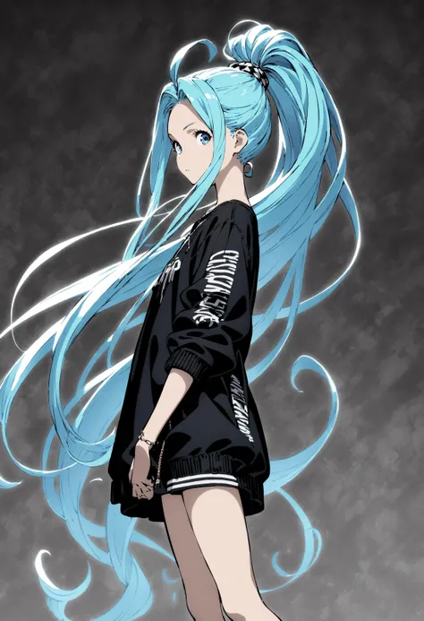 masterpiece, best quality, very aesthetic, absurdres, official art, official wallpaper, alternate costume, (monochrome:0.5), simble background,
1girl, solo, lyria \(granblue fantasy\), very long hair, street fashion, standing, ponytail,
from side, looking at viewer, (serious:0.1),
<lora:lyria-XL:0.8>