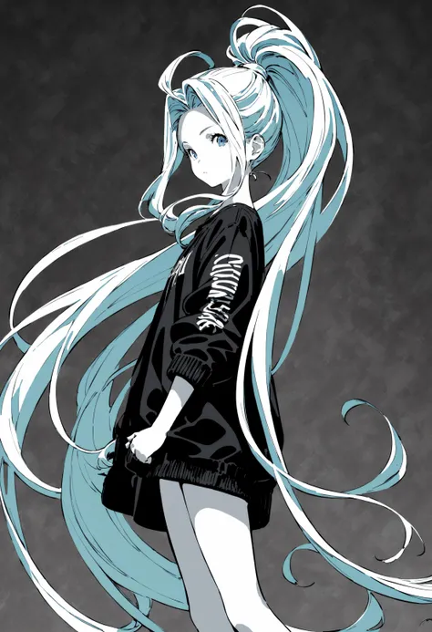 masterpiece, best quality, very aesthetic, absurdres, official art, official wallpaper, alternate costume, (monochrome:0.65), simble background,
1girl, solo, lyria \(granblue fantasy\), very long hair, street fashion, standing, ponytail,
from side, looking at viewer, (serious:0.1),
<lora:lyria-XL:0.8>