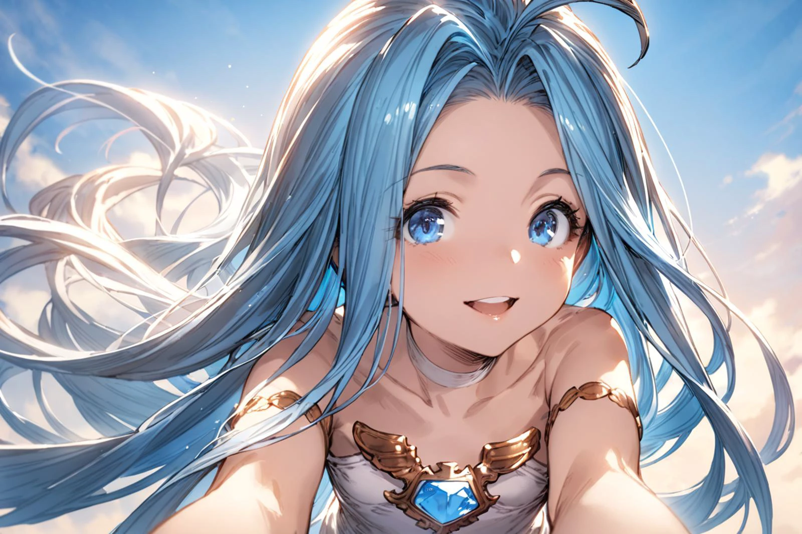 masterpiece, best quality, very aesthetic, absurdres,
POV, 1girl, solo, smile, imminent kiss, blue sky, perspective, looking at viewer,
lyria \(granblue fantasy\), very long hair, ahoge, blue hair, small breasts, skinny, strapless, (white choker:0.8), (armlet:0.4),
<lora:lyria-XL:0.8>, <lora:ishikeiXL:0.4> upper teeth only,
