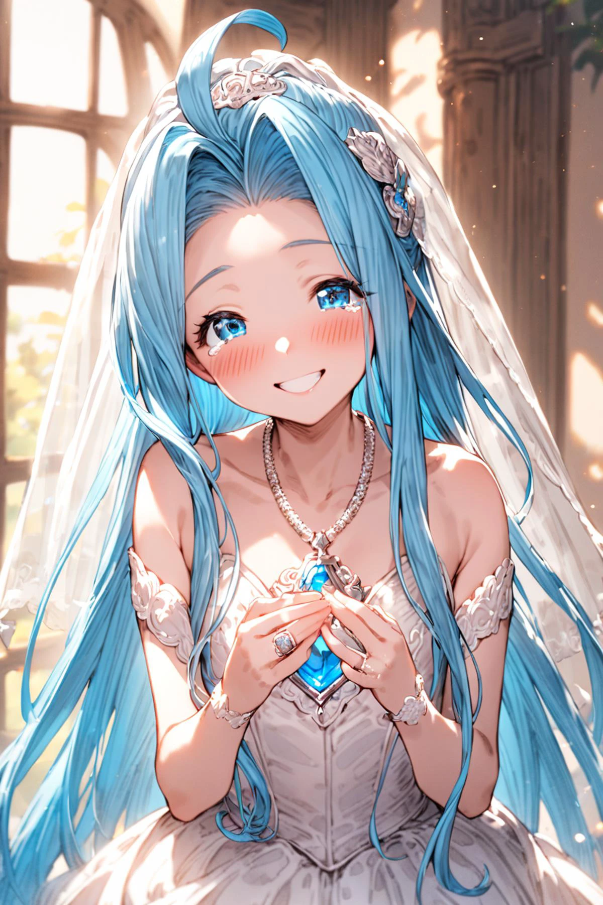 masterpiece, best quality, absurdres,
1girl, solo, happy, blush, smile,
lyria \(granblue fantasy\), very long hair, blue hair, ahoge, wedding dress, wedding ring, bridal veil, blue gem, 20yo, necklace,
<lora:lyria-XL:0.8>, clear eyes, tears,