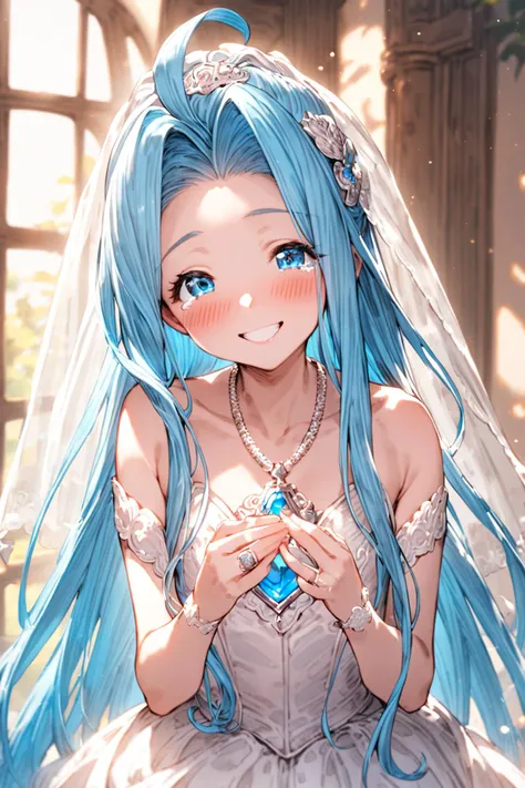 masterpiece, best quality, absurdres,
1girl, solo, happy, blush, smile,
lyria \(granblue fantasy\), very long hair, blue hair, ahoge, wedding dress, wedding ring, bridal veil, blue gem, 20yo, necklace, 
<lora:lyria-XL:0.8>, clear eyes, tears,