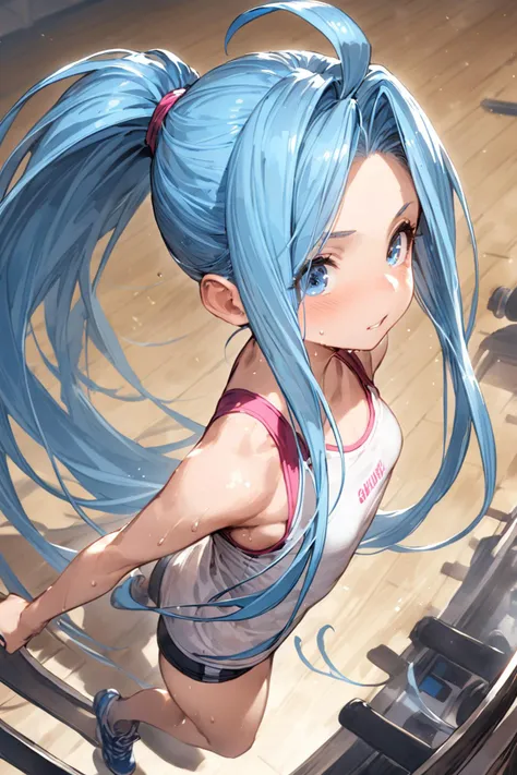 masterpiece, best quality, very aesthetic, absurdres,
1girl, solo, sportswear, training bra, gym, training, running machine, from above, perspective, 
lyria \(granblue fantasy\), very long hair, ahoge, blue hair, small breasts, ponytail, sweat, 
 <lora:lyria-XL:0.8>,  <lora:ishikeiXL:0.3>