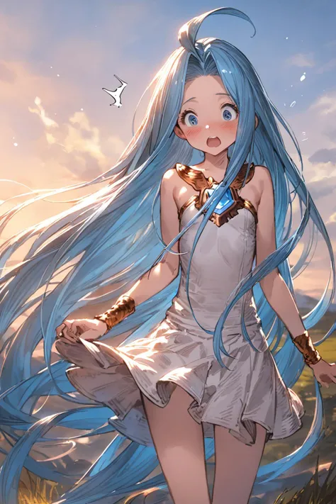 masterpiece, best quality, very aesthetic, absurdres,
1girl, solo, outdoors, heavy wind, wind lift, blown skirt, panty, surprised, blush,
lyria \(granblue fantasy\), very long hair, blue hair, ahoge, small breasts, skinny,
<lora:lyria-XL:0.8>, <lora:ishikeiXL:0.2>, clear eyes,
