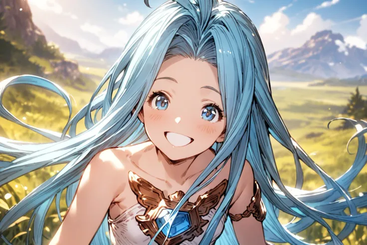 masterpiece, best quality, absurdres,
1girl, solo, happy, smile, outdoors, blue sky, sky,
lyria \(granblue fantasy\), sleeveless dress, small breasts, strapless, 
<lora:lyria-XL:0.7>, clear eyes, background, scenery