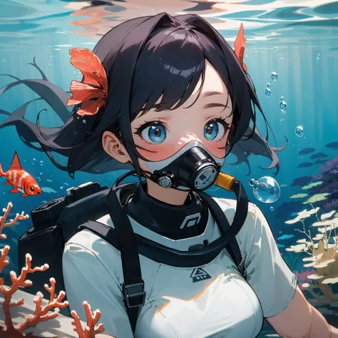 masterpiece, best quality, highres, absurdres, best quality, 1girl, <lora:underwater:1>, underwater, submerged, empty, simple background, diving, air bubble, coral, reef, detailled background, scuba diving, oxygen mask,