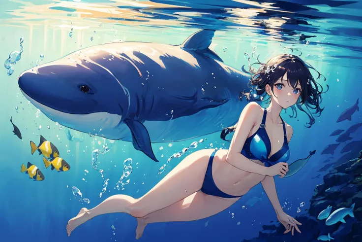 masterpiece, best quality, highres, absurdres, best quality, 1girl, <lora:underwater:1>, underwater, submerged, (whale:1.1), empty, simple background, fully body,