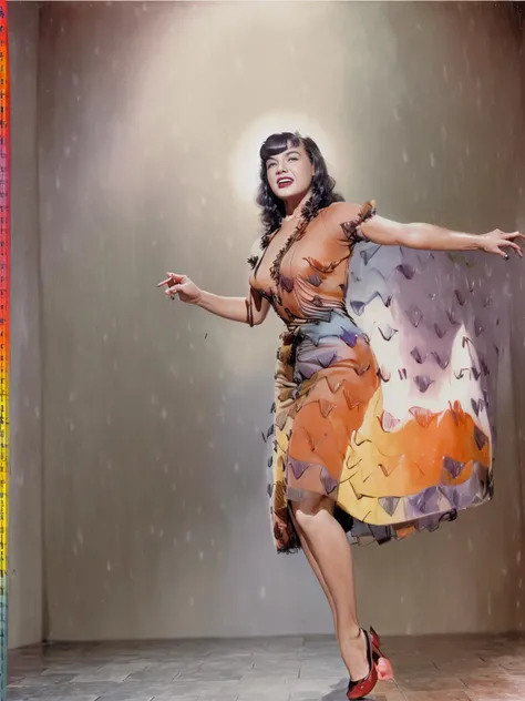 <lora:BettyPage:1> Betty page singing in the rain, properly dressed, 4k, raw, master piece