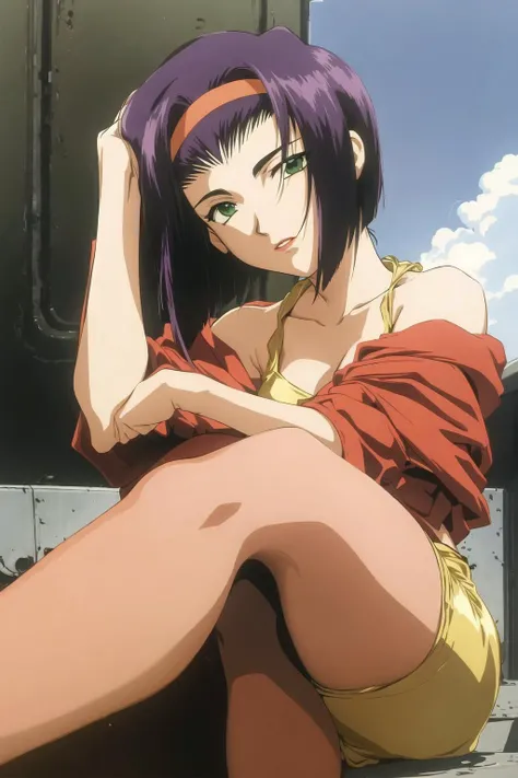 <lora:Fayev1:0.7>, Faye Valentine, 1girl, boots, crossed legs, green eyes, hairband, head rest, off shoulder, purple hair, retro artstyle, short hair, shorts, sitting, solo