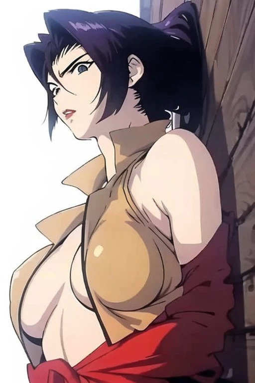 <lora:Fayev1:0.8>, Faye Valentine, 1girl, bare shoulders, black hair, breasts, earrings, lips, lying, shirt, sleeveless, solo