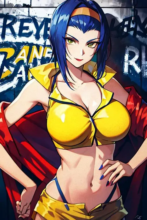 <lora:estheticFaye_fayev1:0.7>, Faye Valentine, 1girl, blue hair, breasts, chain, cleavage, graffiti, hairband, hand on hip, hands on hips, headband, jacket, medium breasts, midriff, nail polish, navel, off shoulder, orange bikini, orange jacket, orange shorts, short hair, short shorts, shorts, signature, smile, solo, traditional media, yellow bikini, yellow hairband, yellow shorts, high res, detailed, intricate, stunning artwork, photo quality